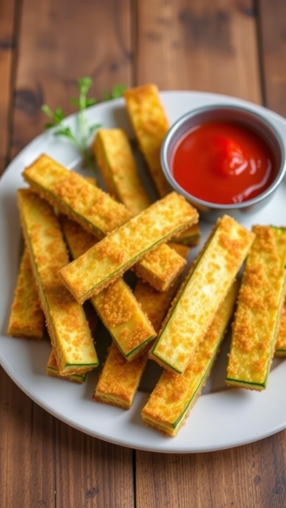 Crispy Baked Zucchini Sticks Recipe Crispy baked zucchini sticks served with marinara sauce on a wooden table.